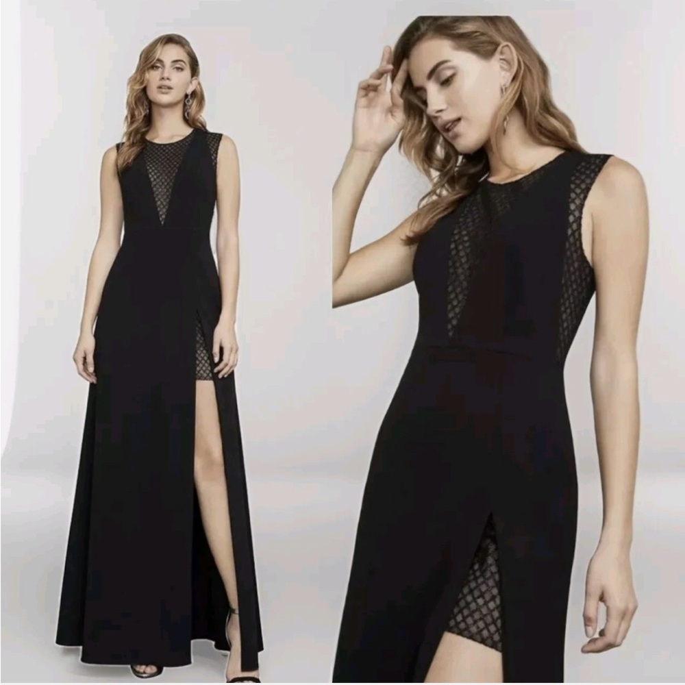 BCBGMAXAZRIA Black Valentine Metallic Mesh Lace Stretch Crepe Gown Size 0/XS